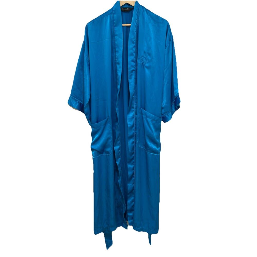 Christian Dior Monsieur Royal Blue Monogramed Long Satan Bath Robe One Size